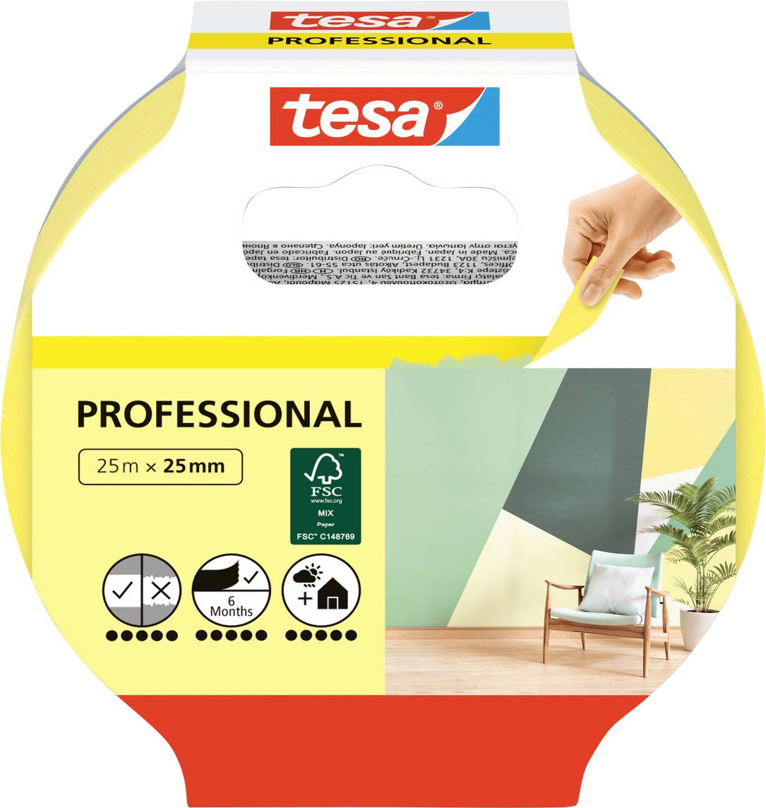 Packaging for 'tesa' professional painter's masking tape, featuring an image of vibrant, multi-colored walls and a chair in a room.