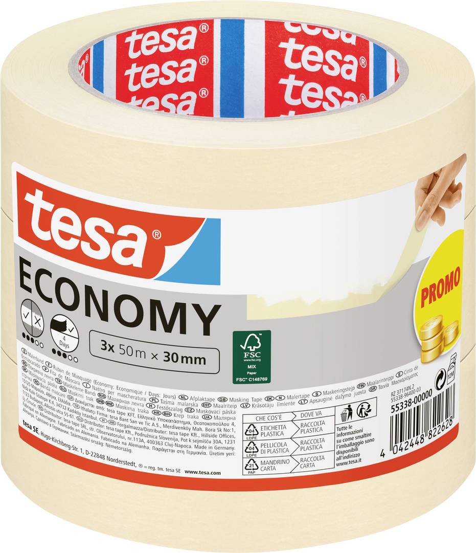 The image shows a roll of 'tesa ECONOMY' masking tape, 3-pack, 50m x 30mm. Packaging highlights 'PROMO' offer with coins graphic.
