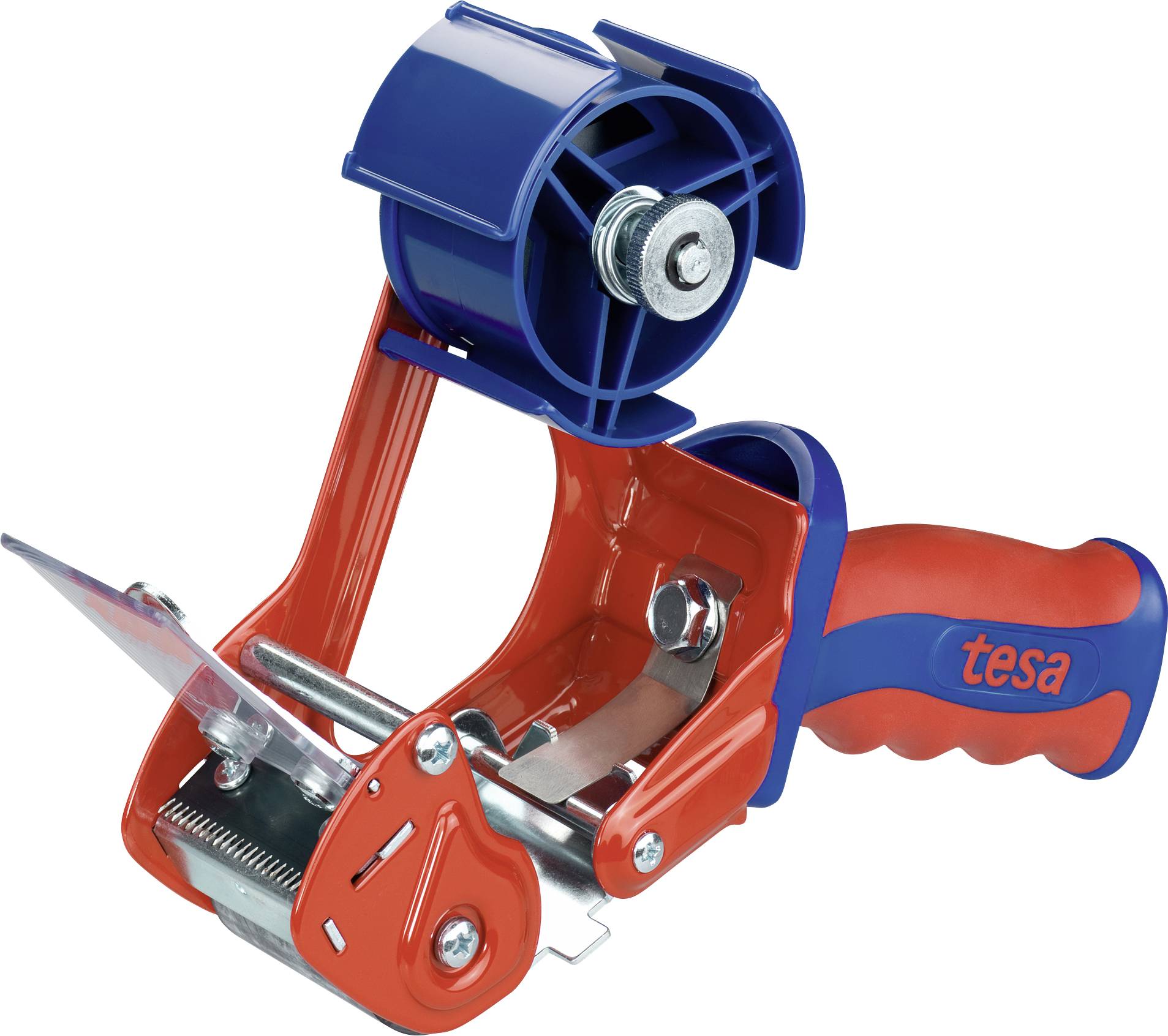Hand tape dispenser for packaging tape with blue-red handle, suitable for efficiently sealing boxes.Handheld tape dispenser with a blue and red handle, ideal for efficiently sealing cardboard boxes.