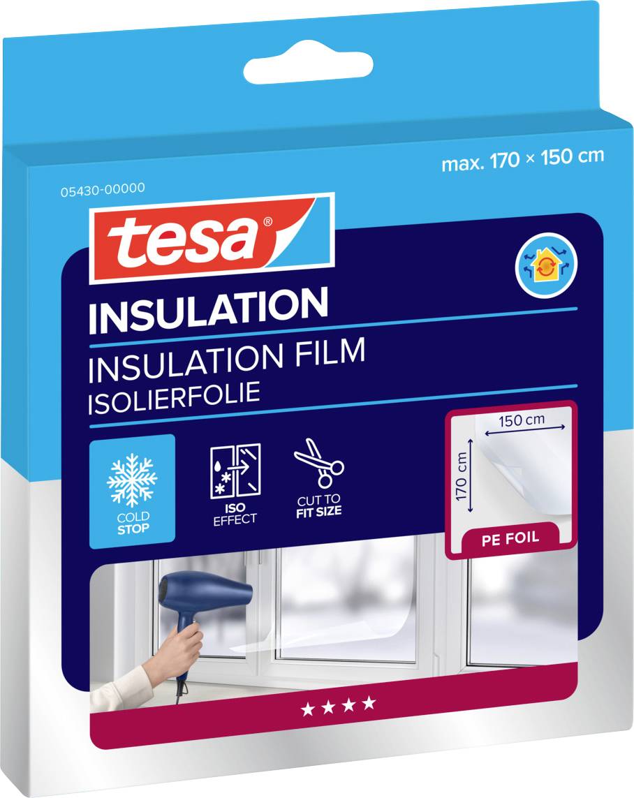 Insulation film package from Tesa, designed to reduce cold. Includes dimensions 170 x 150 cm and features easy cut-to-fit size.