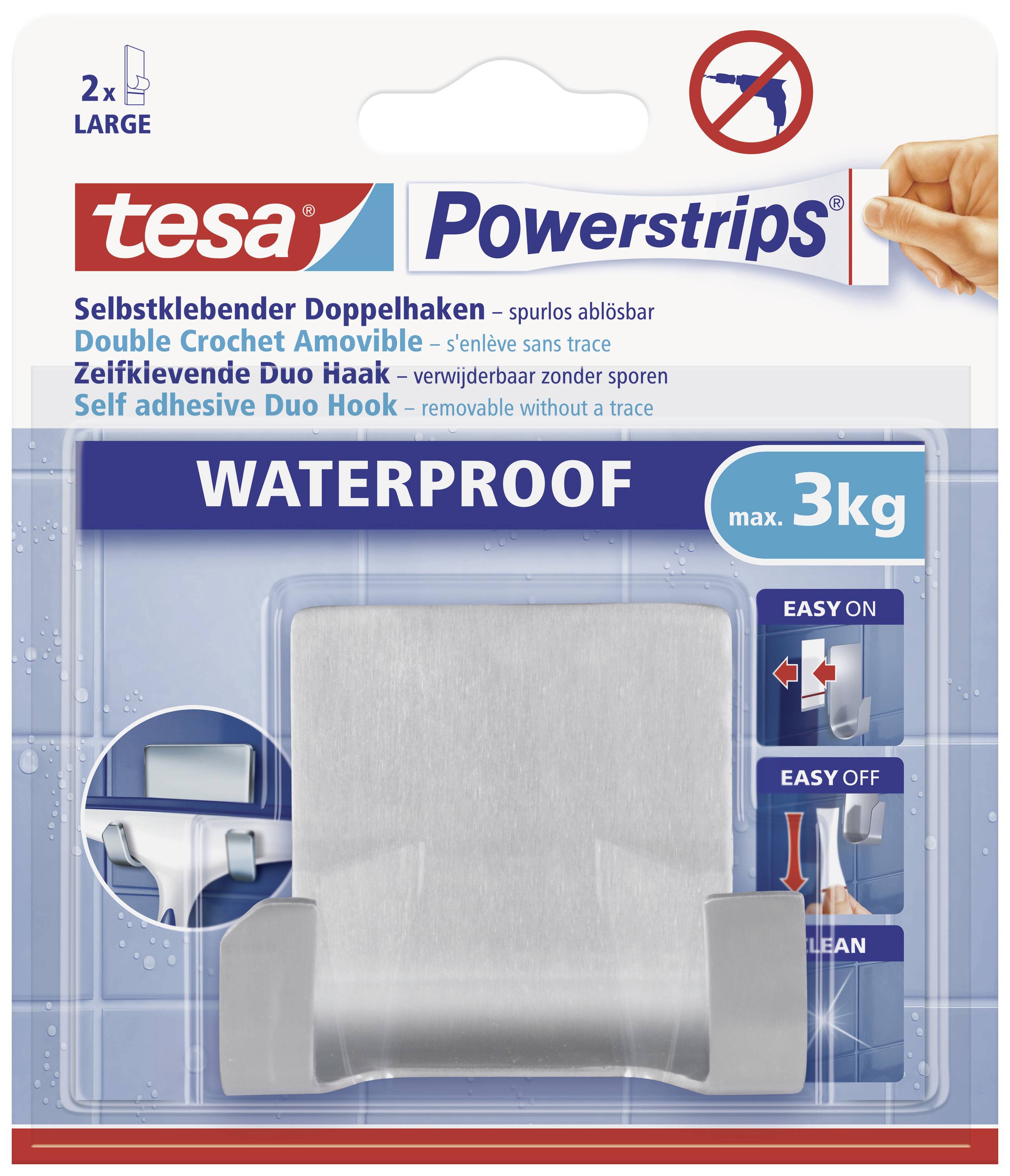 Packaging for Tesa Powerstrips, self-adhesive double hook, waterproof, holds up to 3 kg, removable without leaving marks.