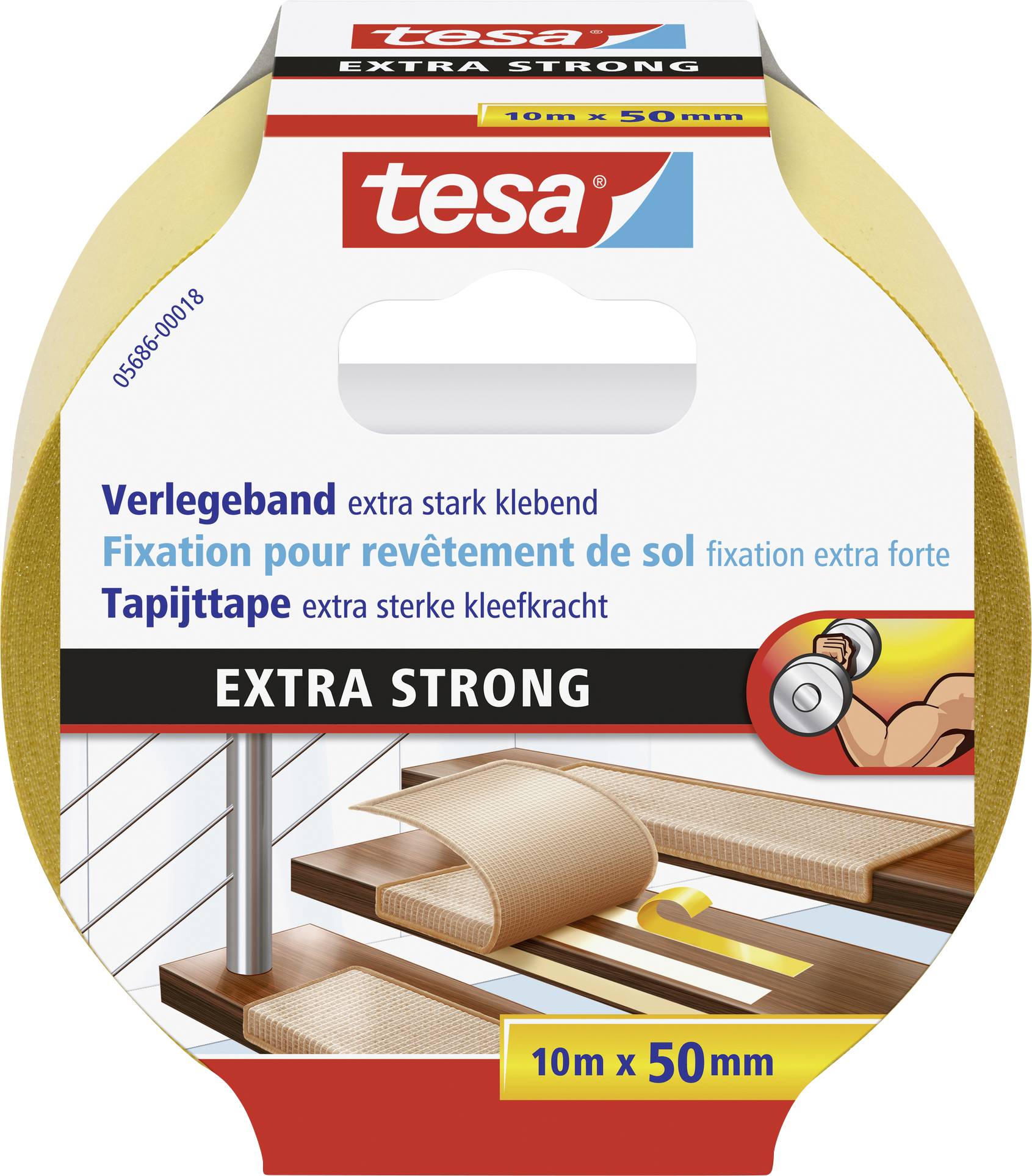 Tesa installation tape, extra strong, 10 m x 50 mm, for floor coverings. Image shows packaging with application instructions.
