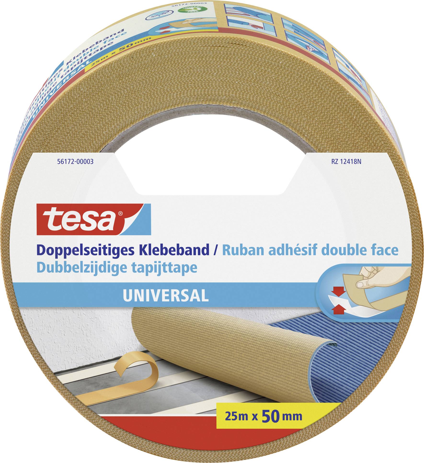 Double-sided adhesive tape by tesa, Universal, 25m x 50mm, on a roll. Packaging shows applications on floor surfaces.