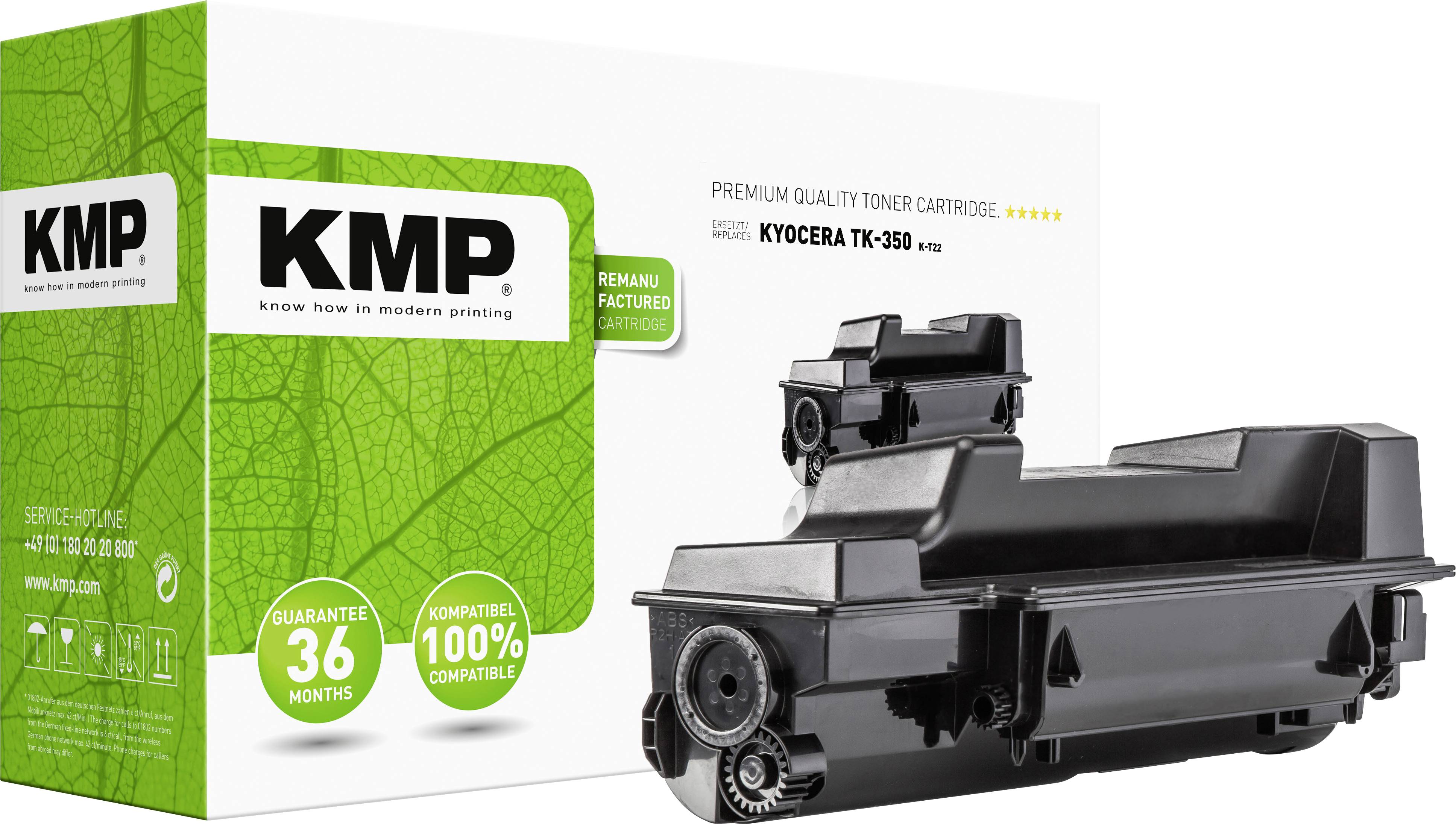 Toner Cartridge KMP for Kyocera TK-350; compatible, guaranteed for 36 months. Packaging in green and white with product illustration.