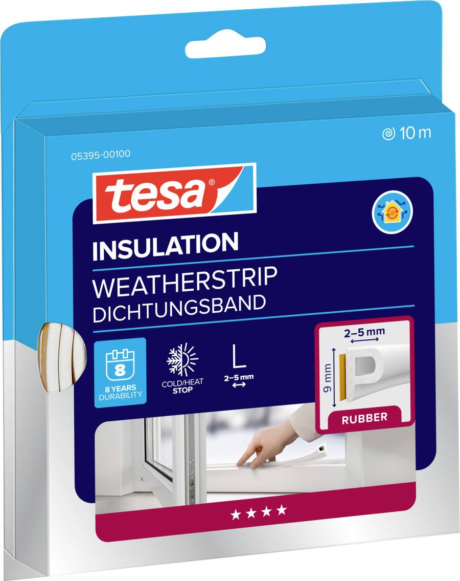The image shows a blue and white package of Tesa Insulation Weatherstrip, suitable for 2-5mm gaps, L size, made of rubber, 10m length.