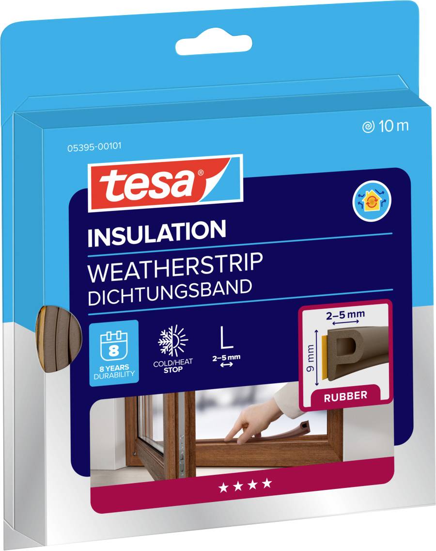 Weatherstrip insulation tape by Tesa; measures 10m, 2-5mm thick for sealing gaps. Long-lasting, ideal for windows and doors.