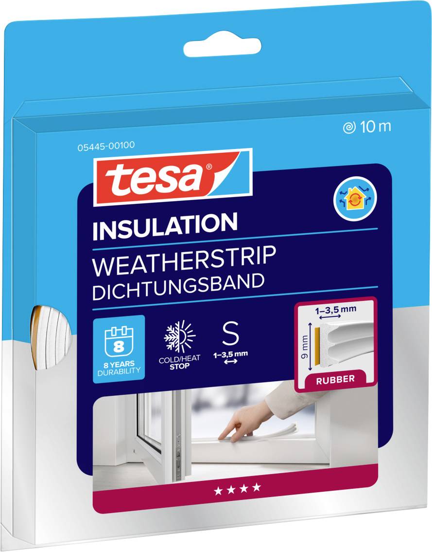 Package of tesa insulation weatherstrip, 10m. Features: cool/heat stop, 1-3.5mm rubber, 8 years durability, size S.