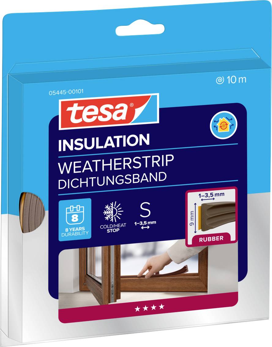 'Weatherstrip' packaging, brands it as 'tesa'. Features size 'S', 1-3.5mm, 9mm x 10m rubber strip, promises '8 years durability'.