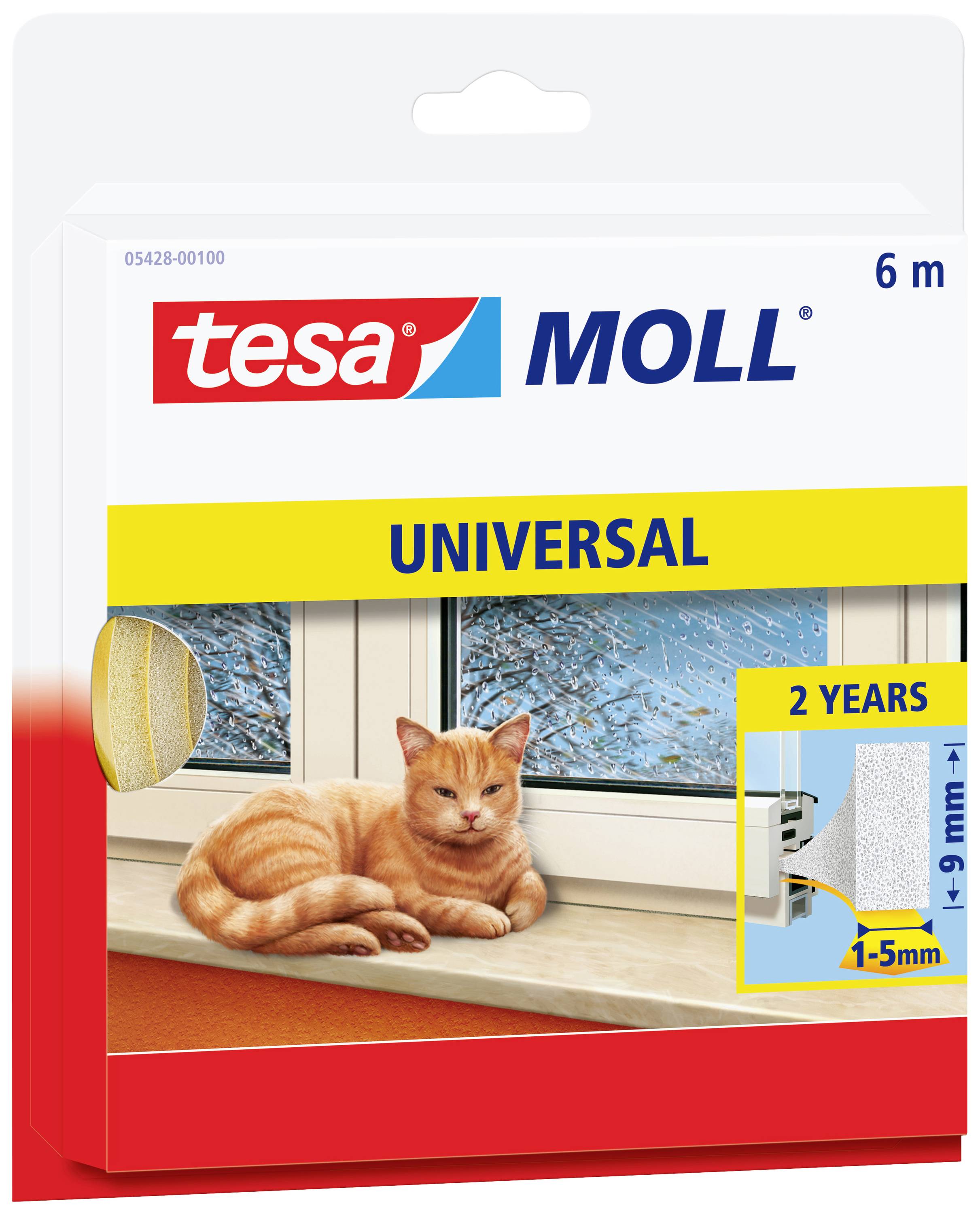 Packaging for Tesa Moll Universal, showing a weatherstripping tape and a sleeping orange kitten on a windowsill. Product offers 6 m of sealing length.