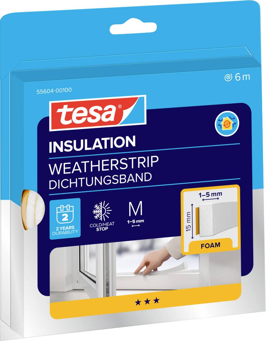Packaging of Tesa insulation weatherstrip, 6m, foam, suitable for 1-5mm gaps. Includes icon for 2 years protection and cold/heat stop.