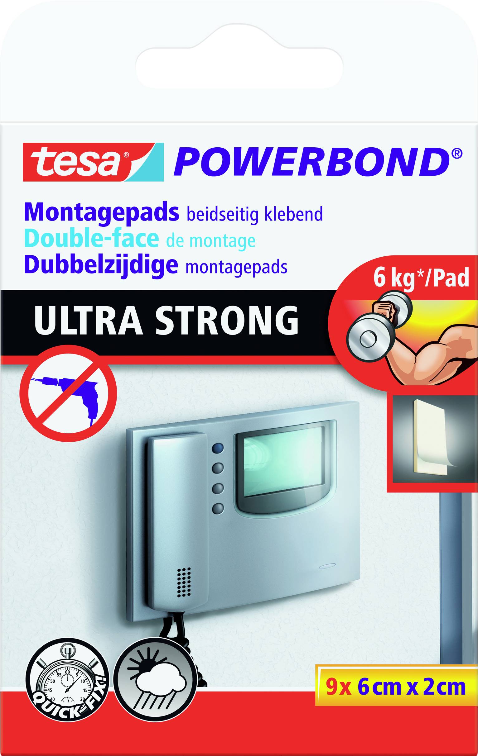 'Packaging of Powerbond Mounting Pads' shows pads that can carry up to 6 kg, for simple, stable mounting.