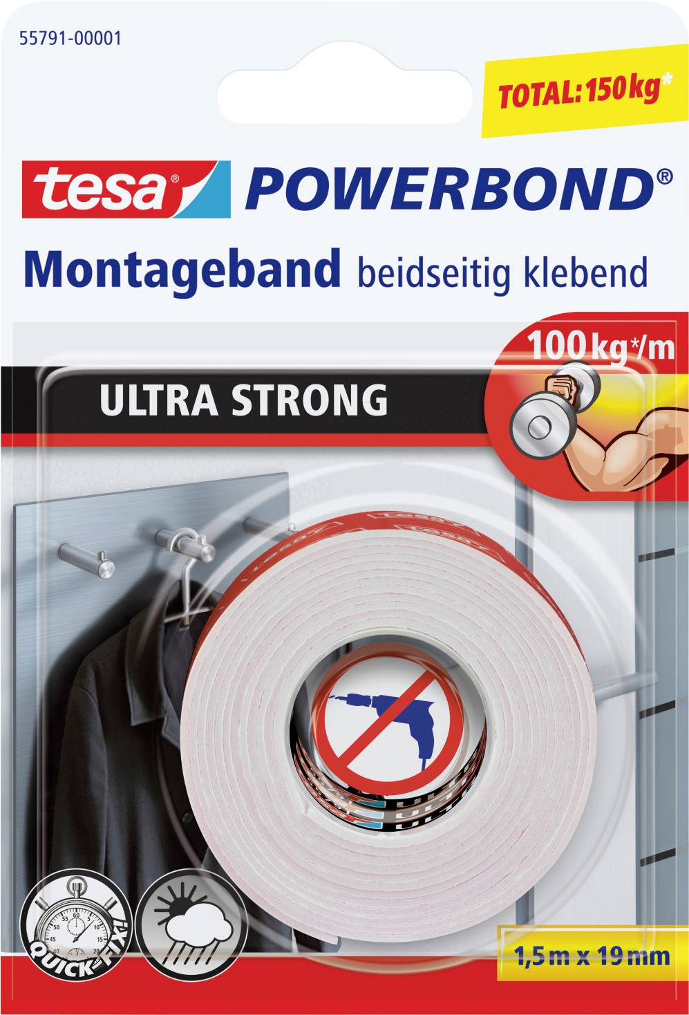 Packaging for tesa Powerbond Mounting Tape: double-sided adhesive, ultra strong, holds up to 100 kg/m, size 1.5 m x 19 mm.