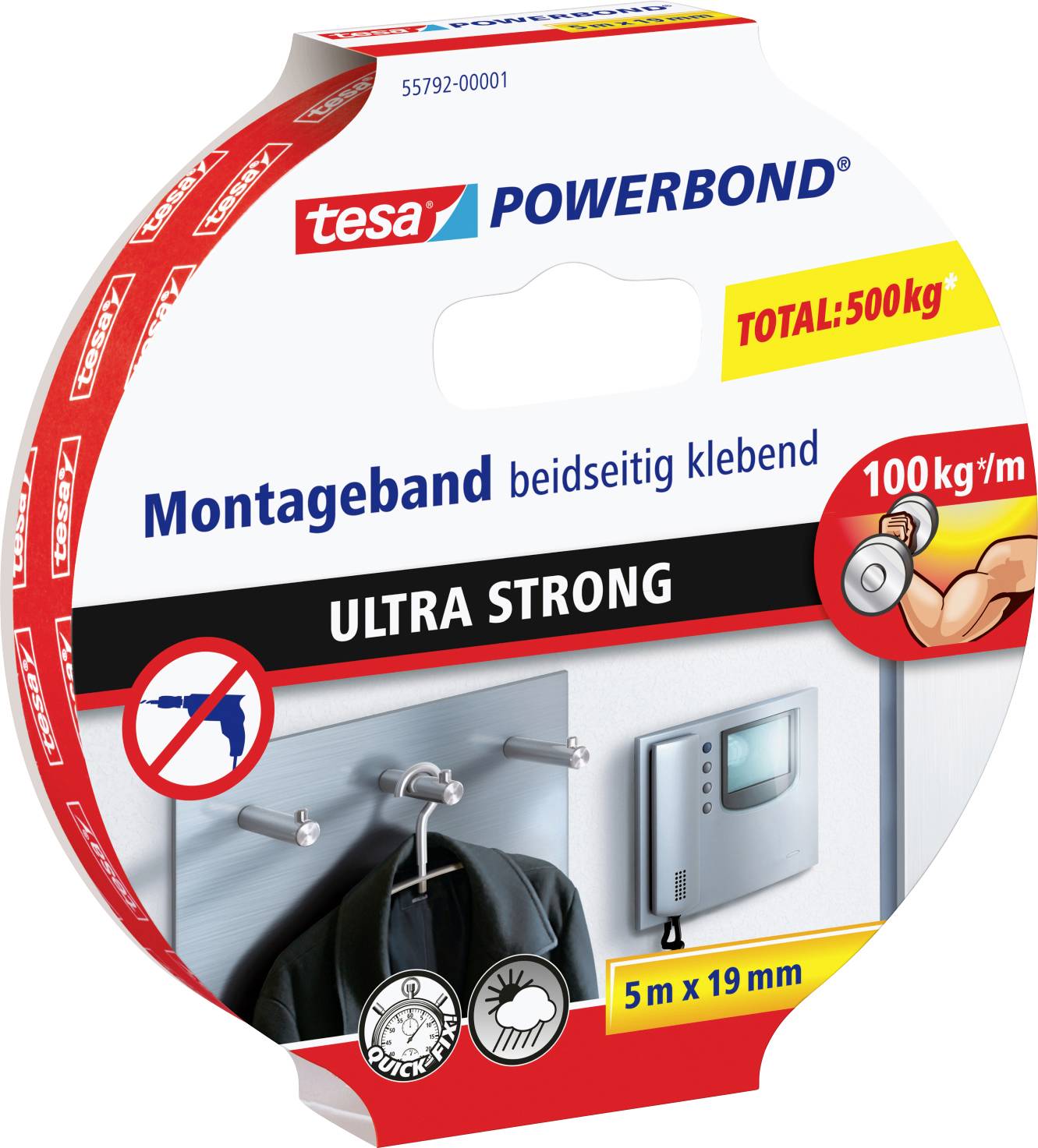 Double-sided mounting tape, ULTRA STRONG by tesa, total load capacity 500 kg, 5 m x 19 mm. Holds 100 kg/m², ideal for hanging.
