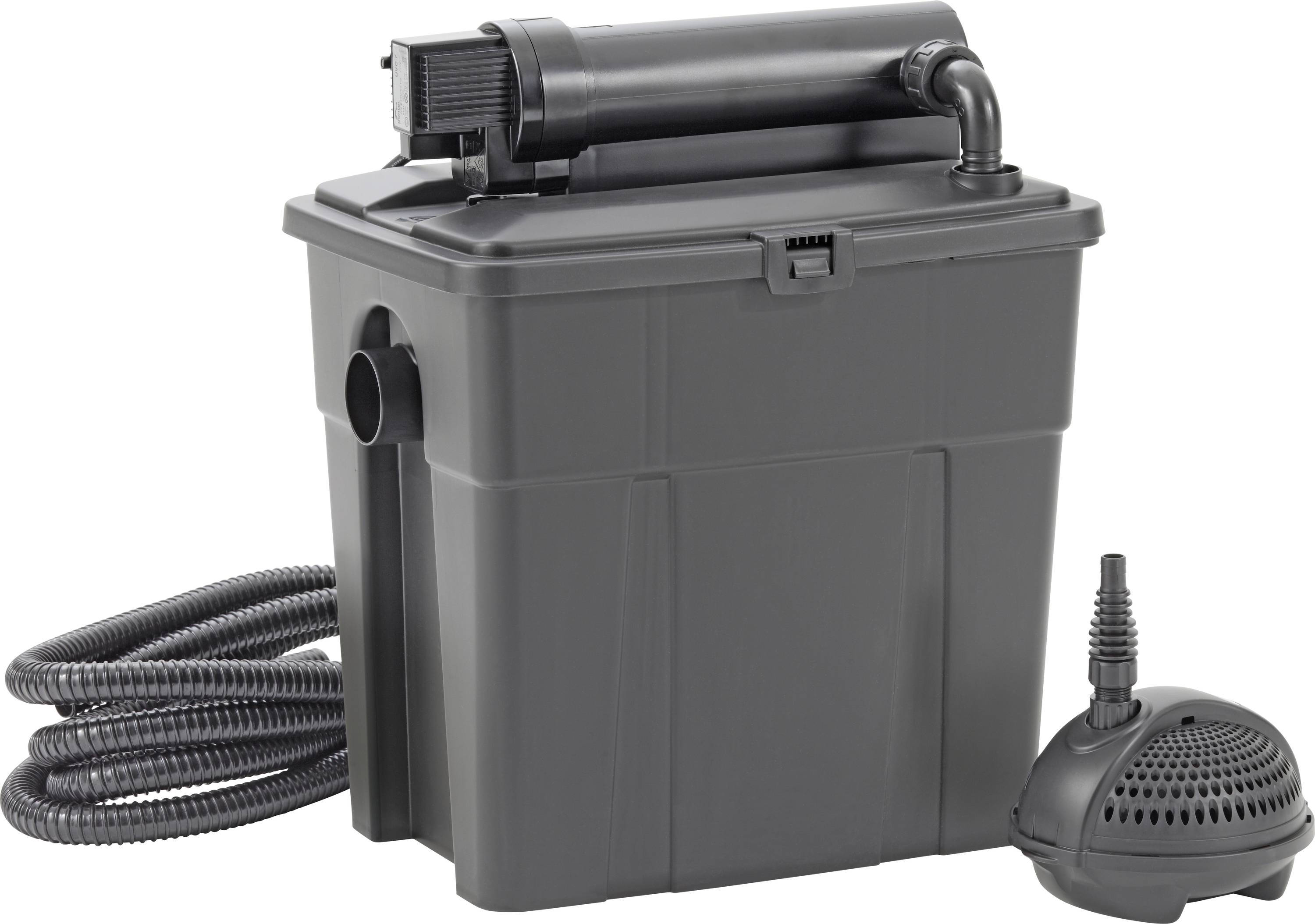 A black pond filter system with a rectangular unit, coiled hose, pump, and outlet pipe, designed for water filtration in ponds.