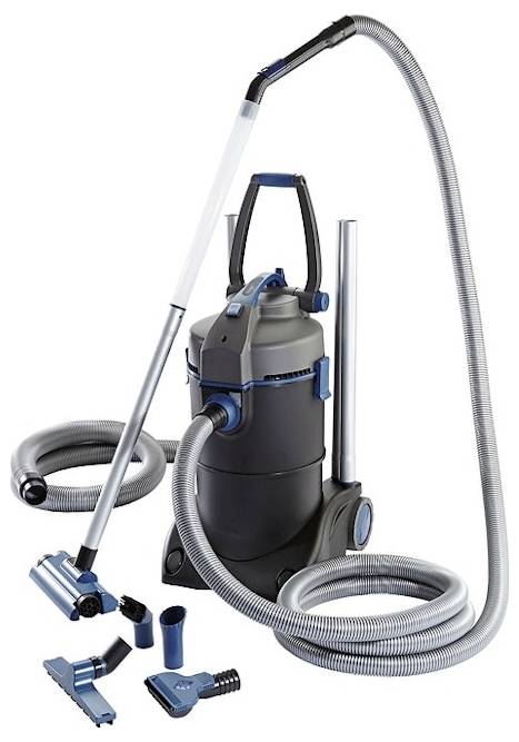 A black and blue vacuum cleaner with a long hose, various attachments, and wheels for mobility.