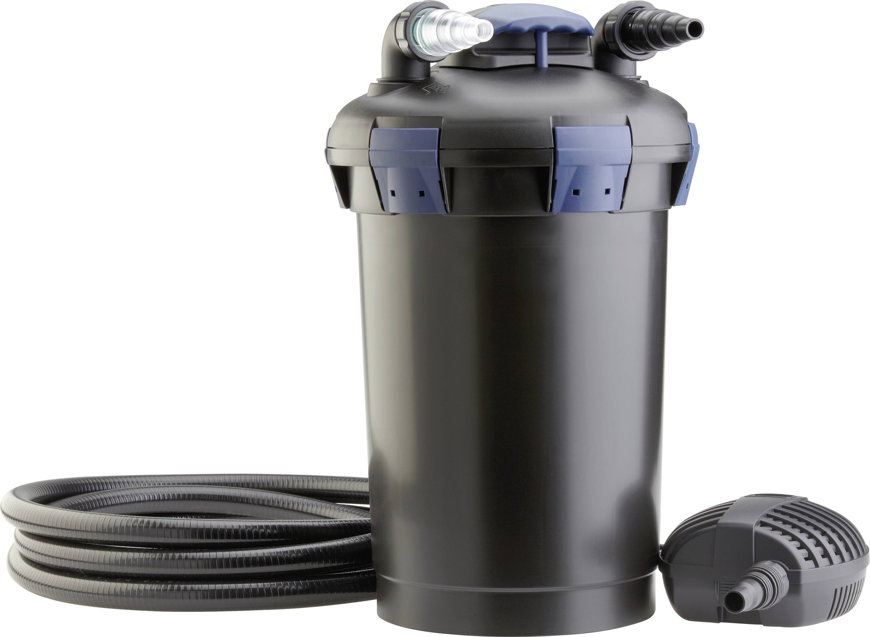 A black pond filter with blue accents, connected to a long, coiled hose, and a small pump positioned nearby.