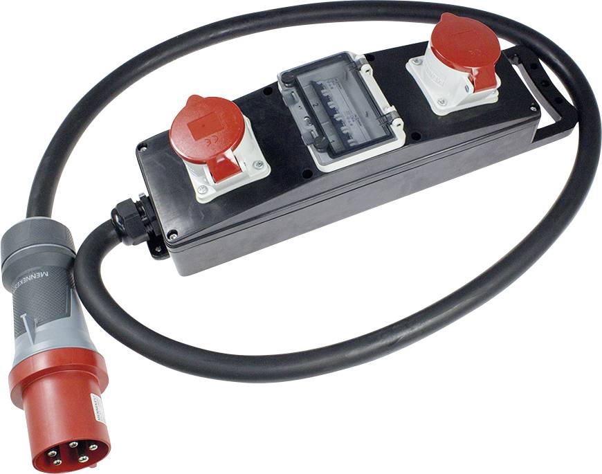Multi-socket adapter with three connection points and cable; two red, one white socket; equipped with a measuring device.