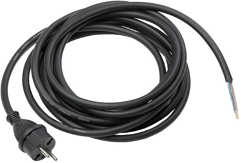 A long, black power cable with a European plug on one side and stripped ends on the other side.