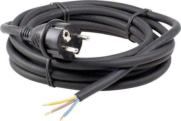 European plug with long black cable, bare wires at the end in blue, yellow-green and brown, ready for connection.