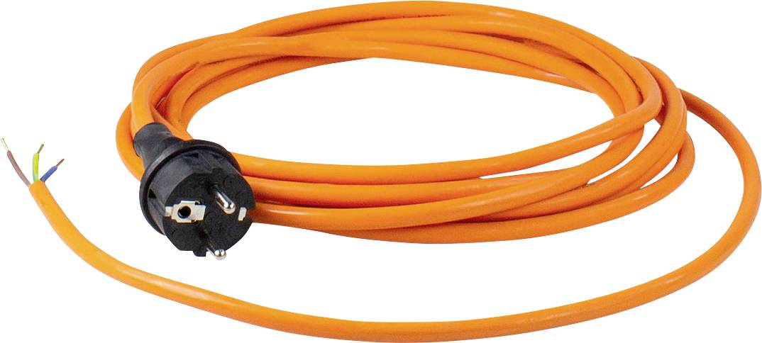 An orange network cable with a black plug and stripped ends.