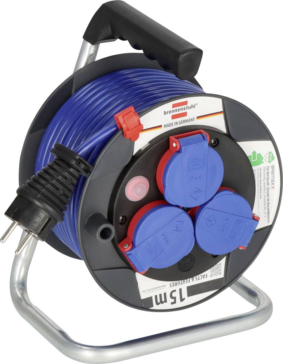 Portable cable reel with blue extension cord, black handle, and three blue covered power outlets on a metal stand.