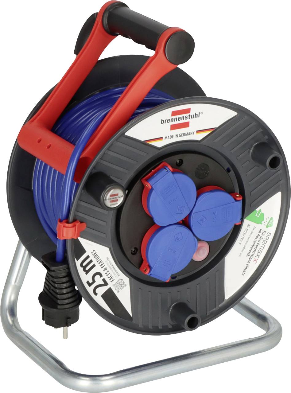 Portable cable reel with a metal stand, red handle, and coiled blue extension cord with multiple power sockets and plugs.