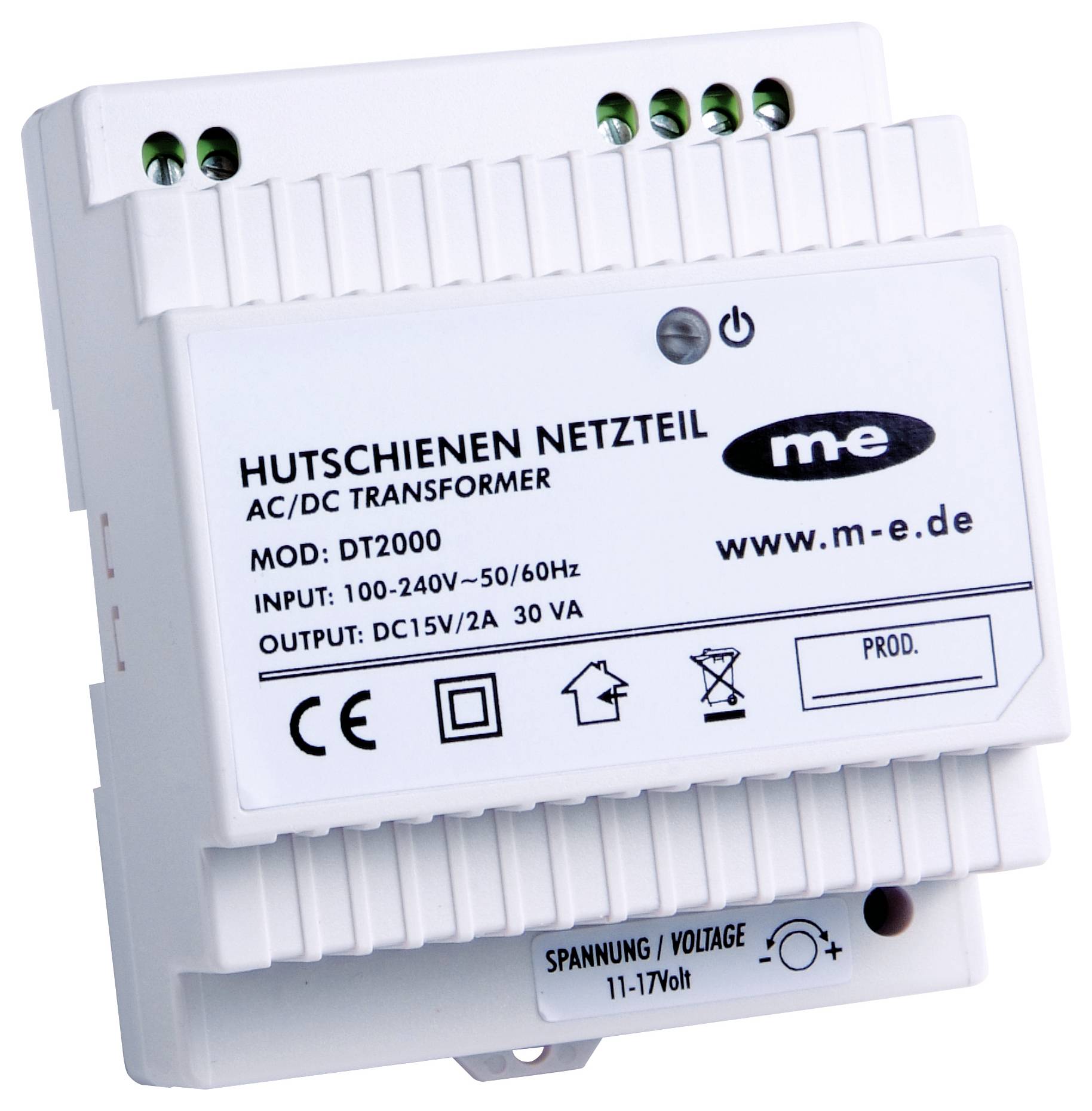 DIN rail power supply, Model DT2000, Input 100-240V, Output 15V/2A. Manufacturer logo and URLs on the label.