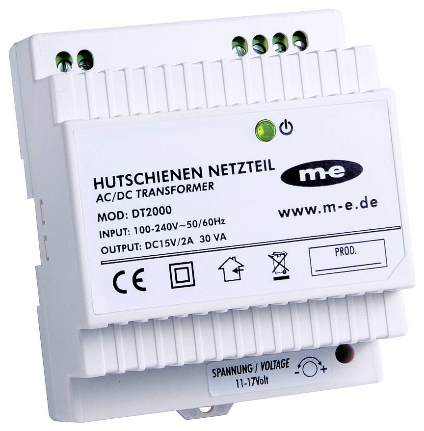 DIN Rail Power Supply 'DT2000' by m-e. Input: 100-240V~50/60Hz, Output: DC15V/2A, 30 VA. White plastic casing with CE mark.
