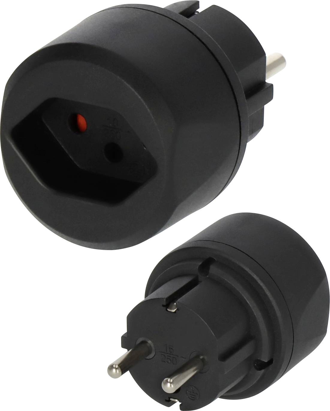 Two black European electrical plug adapters, one showing the socket side and one showing the two-pin plug side, isolated on white background.