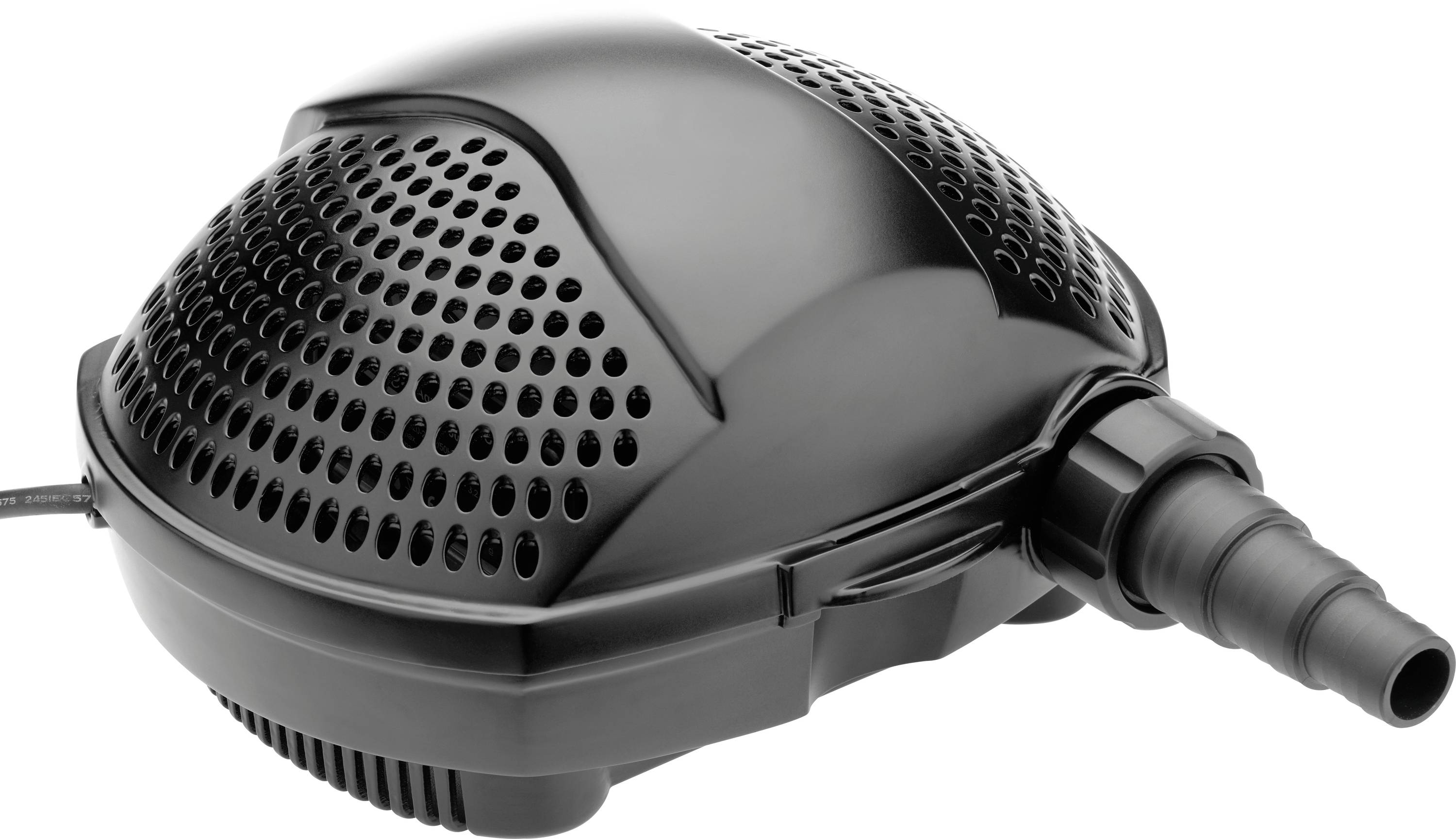 A black, dome-shaped pond pump with perforations for water intake and an outlet nozzle for water flow.