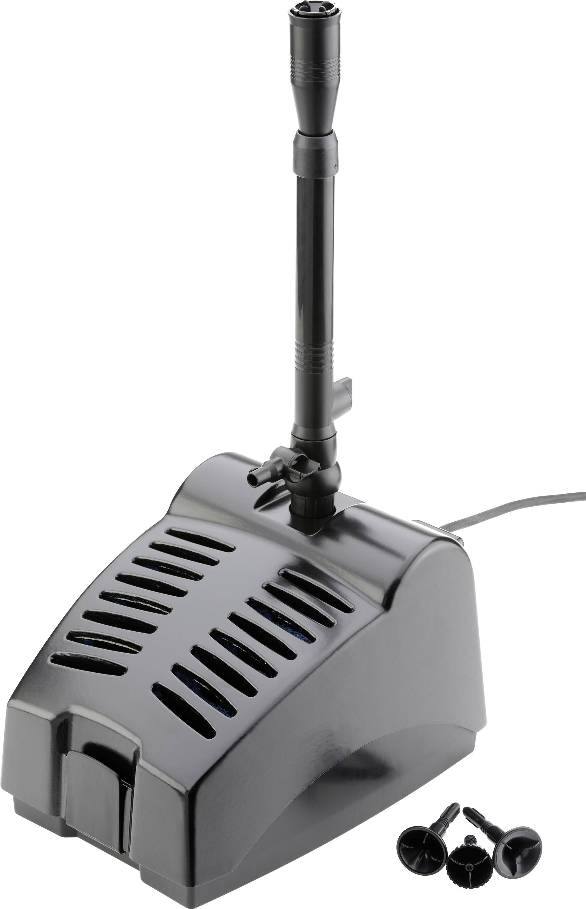 Aquarium pump with a black body, adjustable nozzle, and two spare suction cups. Designed for water circulation and filtration.