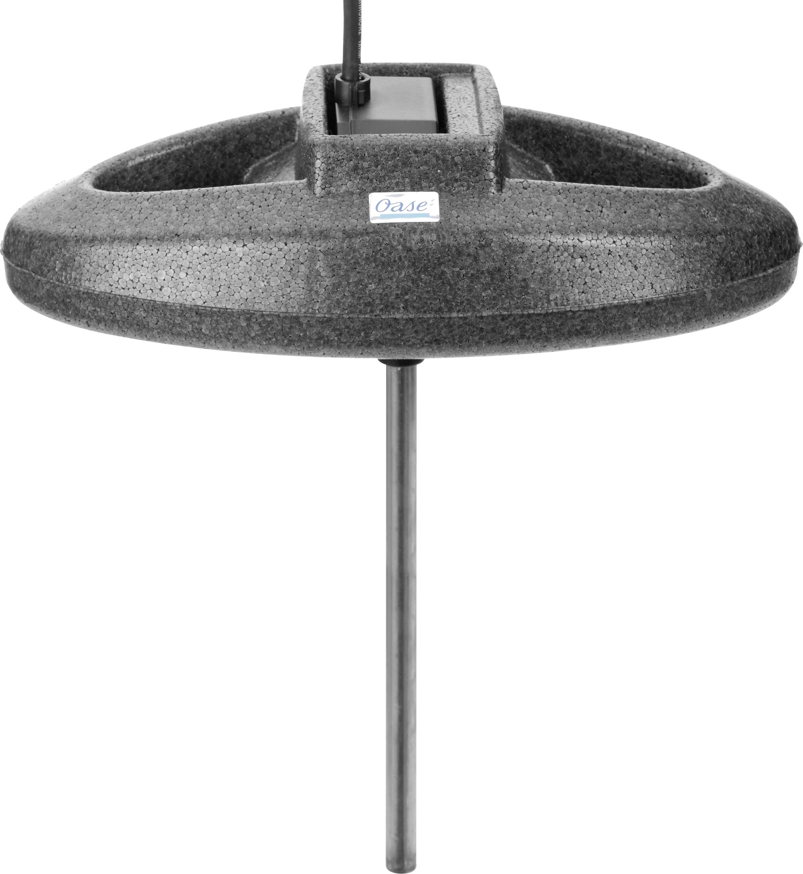 Round black floating pond de-icer with a metal rod beneath, designed to prevent freezing.