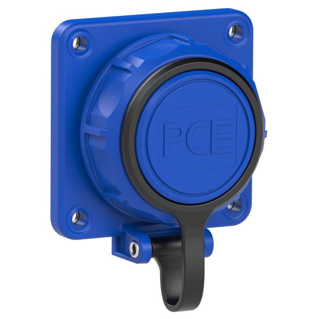 A blue, square socket with a black hinged cover, mounted on the wall. The 'PCE' logo is visible on the cover.