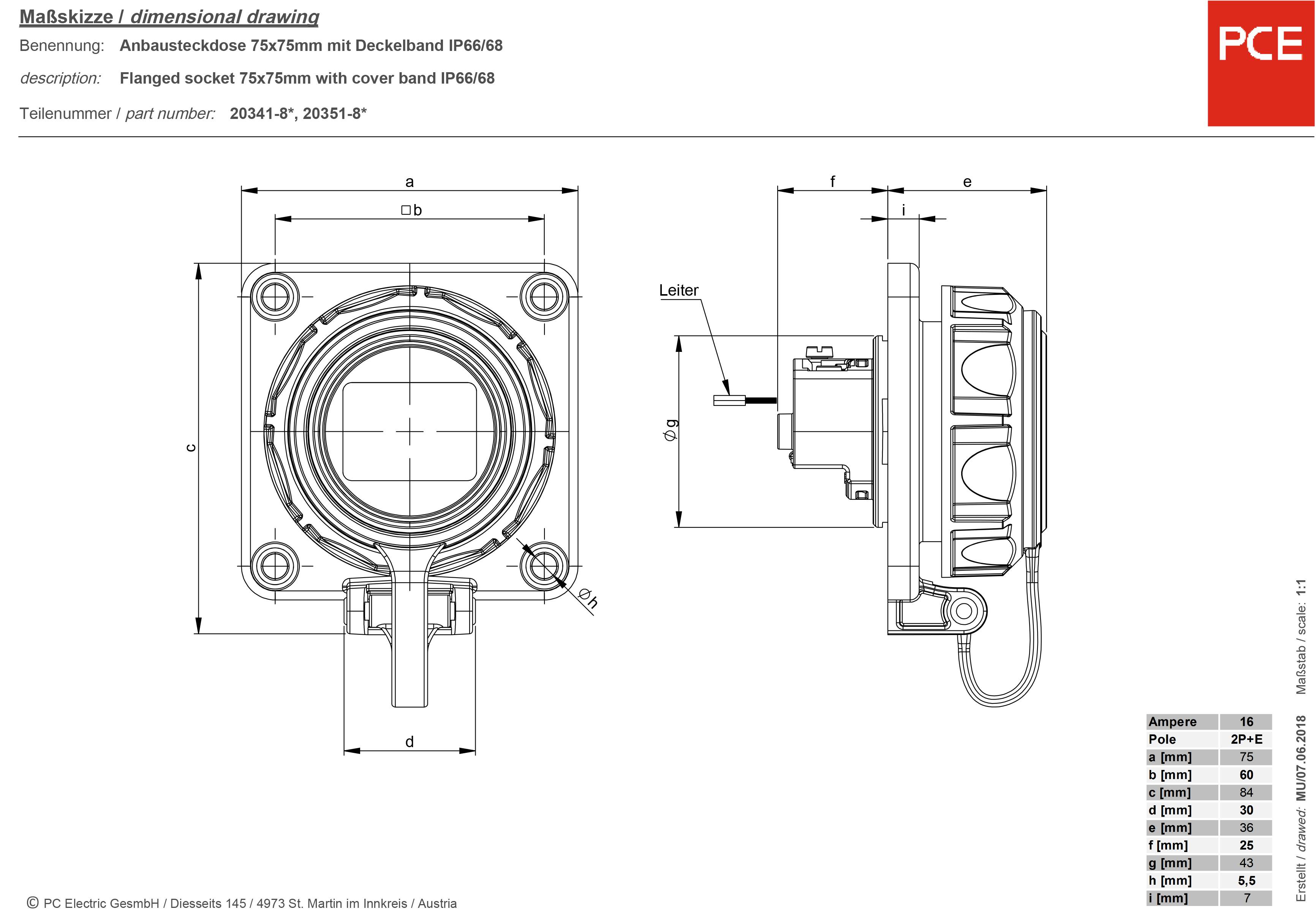 Technical drawing of a flanged socket 75x75mm with cover band IP66/68. Front and side view, with dimensioning and product details.