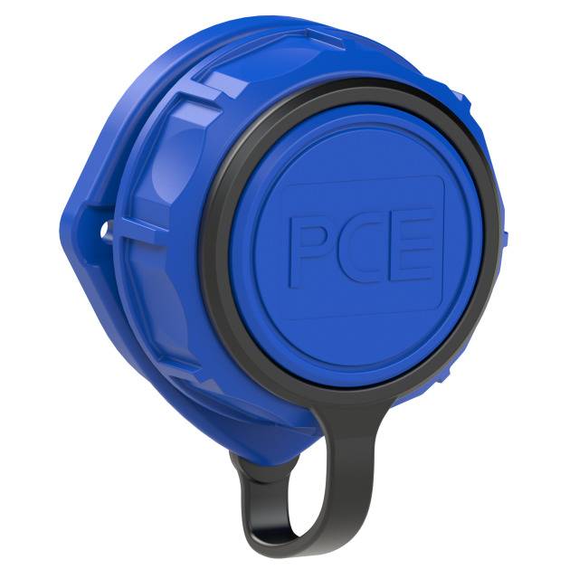 A blue, round plug with 'PCE' written in the centre and a black rim for inserting into a socket.