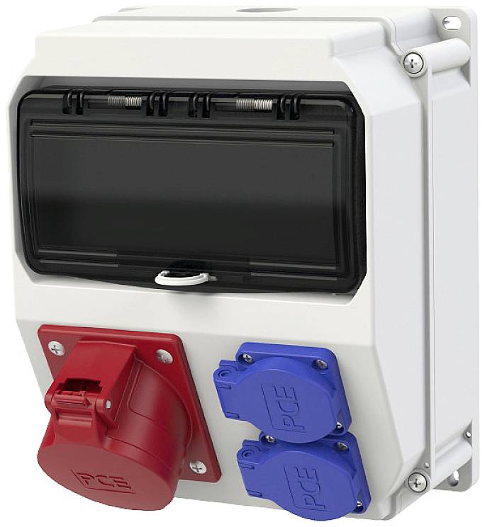 Electrical distribution box with one red and two blue power sockets. The box is designed for use in industrial environments.