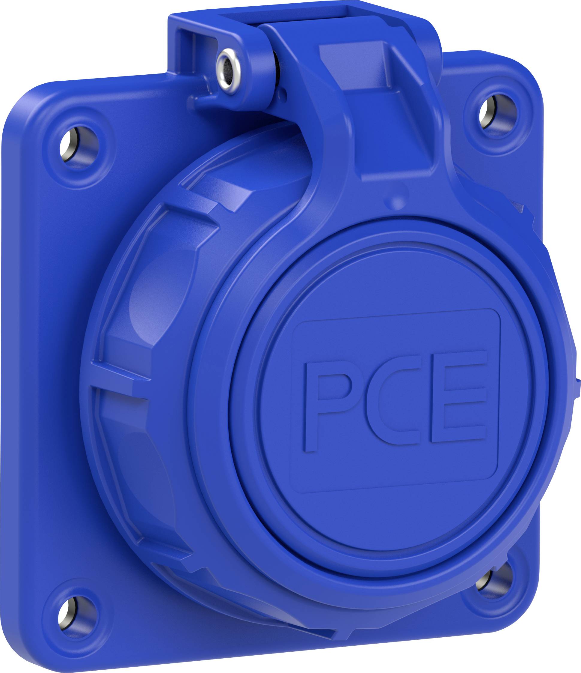 A blue, square socket with a cover and the inscription 'PCE'. Four mounting holes are located at the corners.