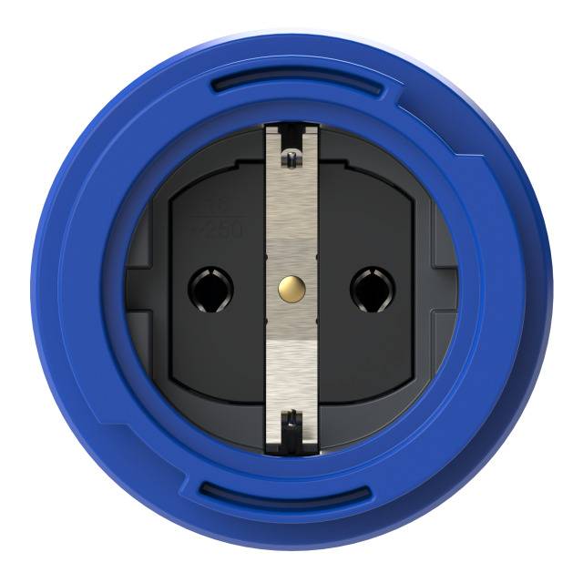 A blue electrical socket viewed from the front, with two holes and an earth pin in the centre.