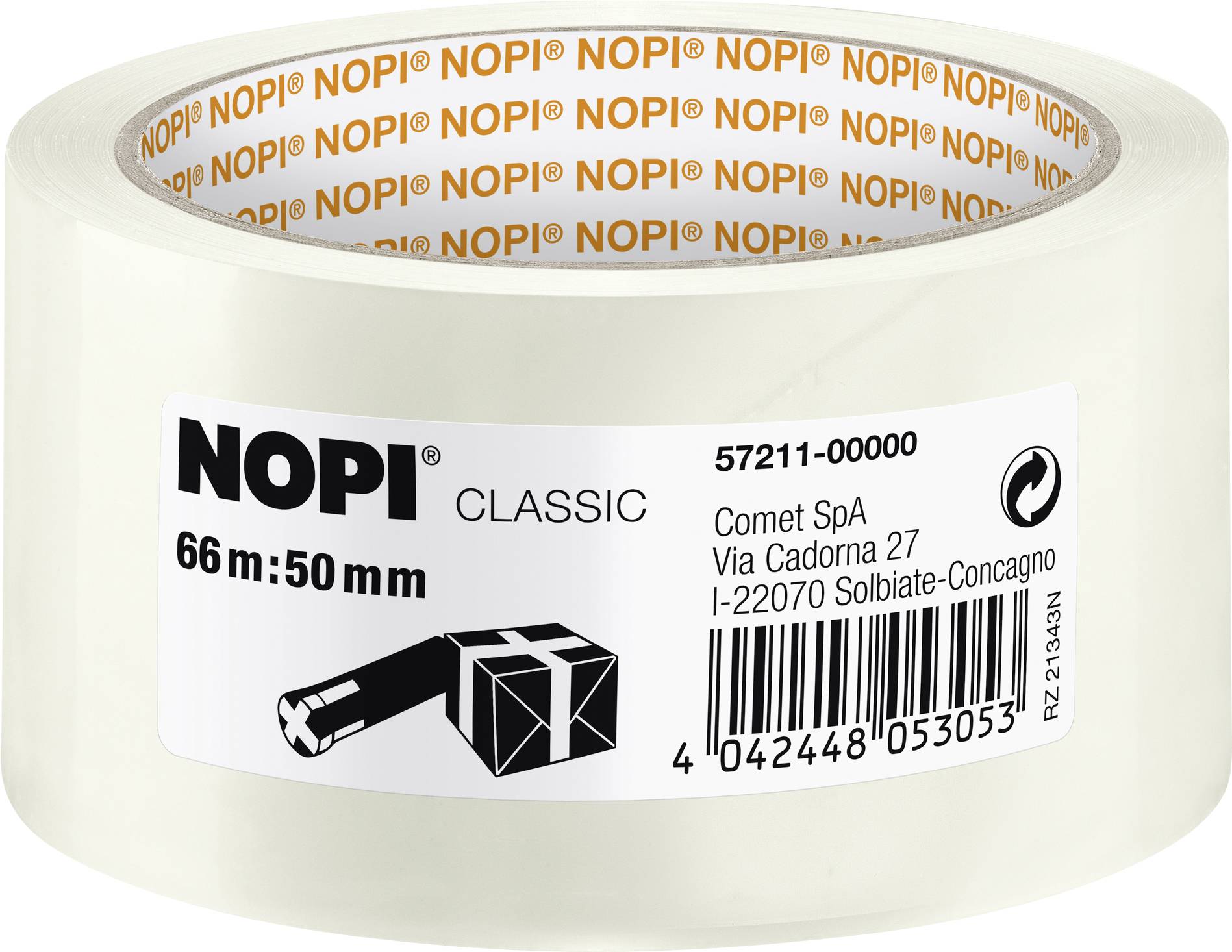 Transparent adhesive tape roll by NOPI Classic brand, 66 m long and 50 mm wide. Packaged by Comet SpA, address in Italy.