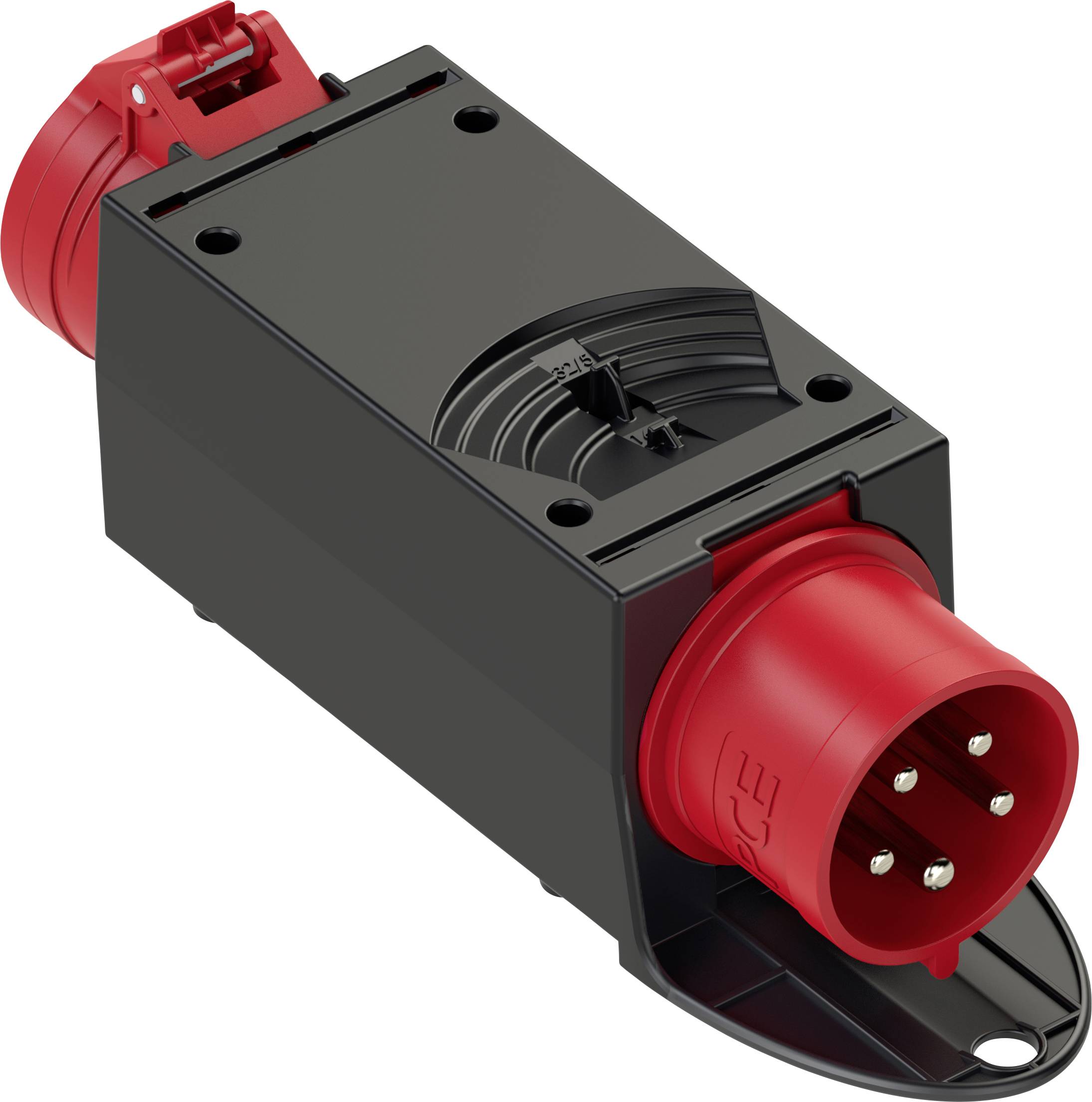 Red, rectangular industrial plug with multiple round pins, mounted on a black housing. Suitable for electrical applications.
