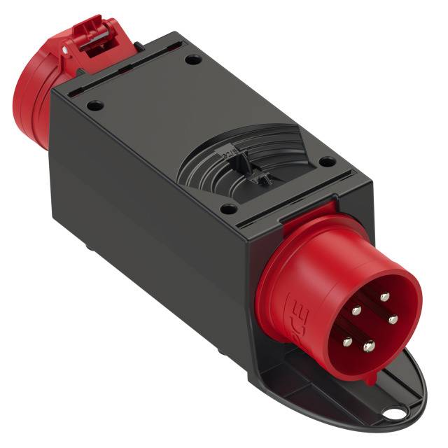 Black angular plug with red plug, suitable for high-current applications, with five electrical connection pins.