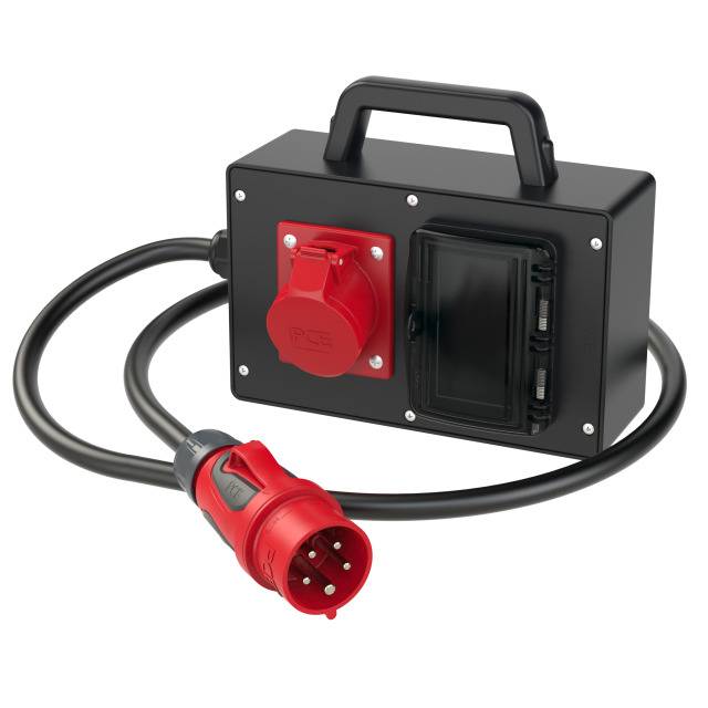 A black distribution box with a handle, featuring a red plug and socket, connected by a black cable. Used for electrical power distribution.