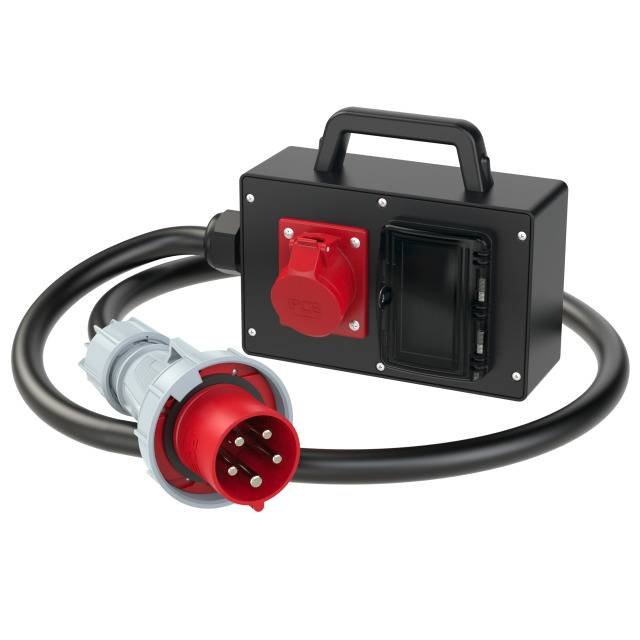 Black CEE adapter box with carrying handle, red socket connection and grey plug on a black cable.