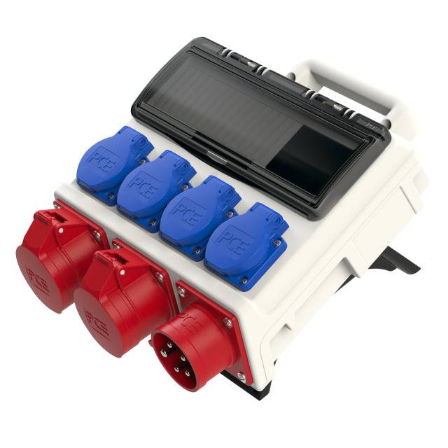 Portable distribution box with three red and four blue sockets, featuring a transparent protective cover on top.