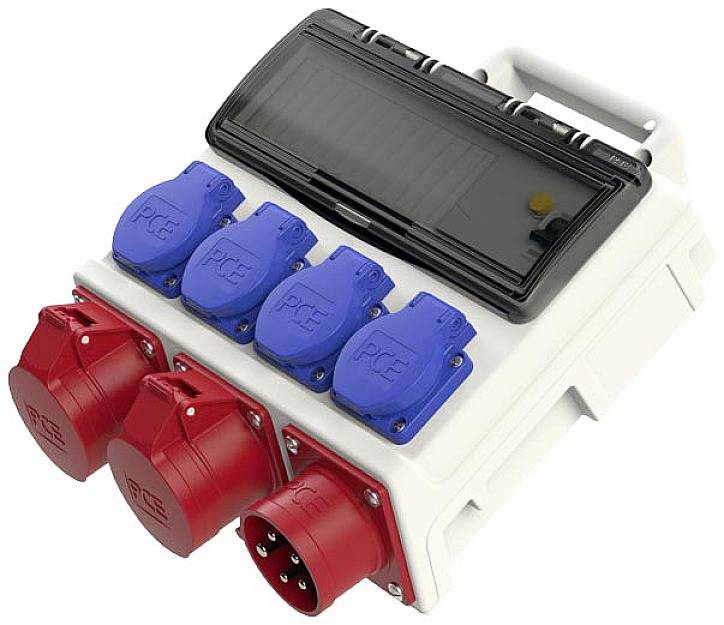 Multi-socket extension with integrated Schuko and CEE connections, blue and red. Ideal for electrical devices and industrial applications.