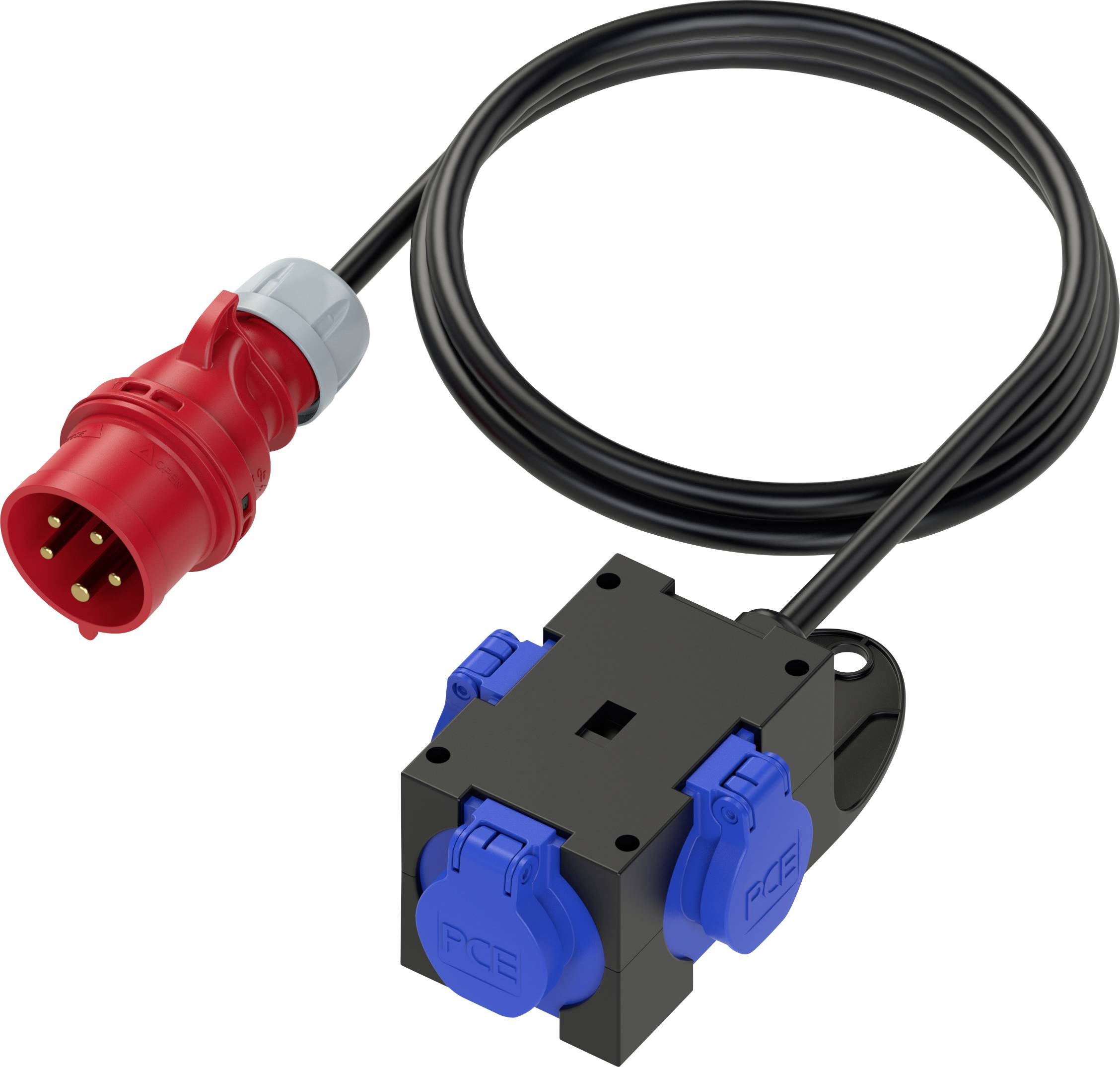 Black adapter with red plug and blue sockets, used for connecting power cables in industrial environments.
