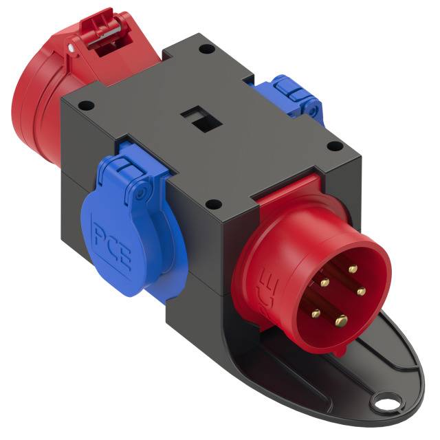 A red industrial plug with five pins is attached to an electrical distribution block, surrounded by blue and red sockets.