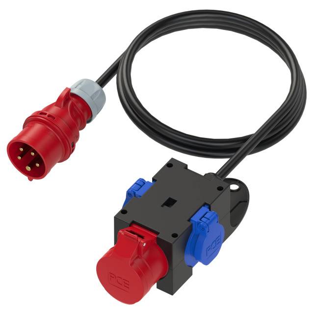A red industrial power cable with a plug and a distribution box, fitted with red and blue sockets.
