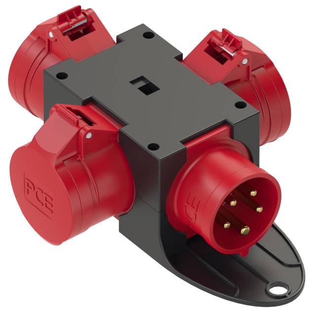 A red, three-pole CEE socket with protective covers and a robust housing, suitable for industrial applications.
