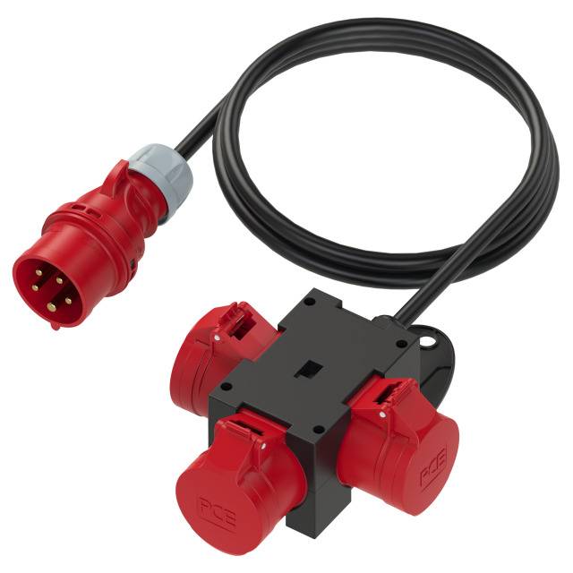A red heavy-duty extension lead with four power sockets, suitable for industrial use.